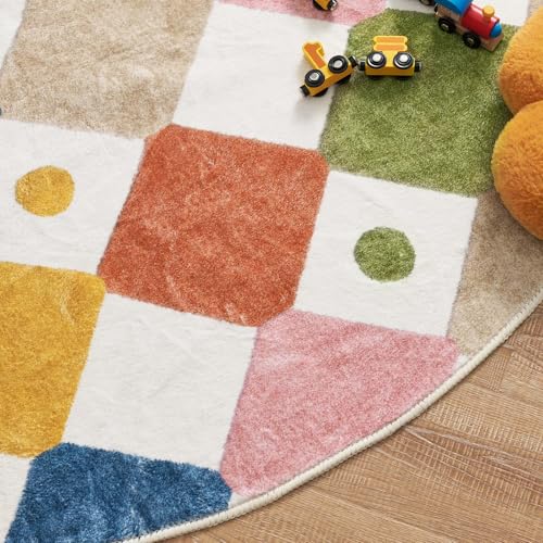 4ft Round Rug Washable Kids Playroom Rug Colorful Nursery Play Mat (12.57 Sq Ft)