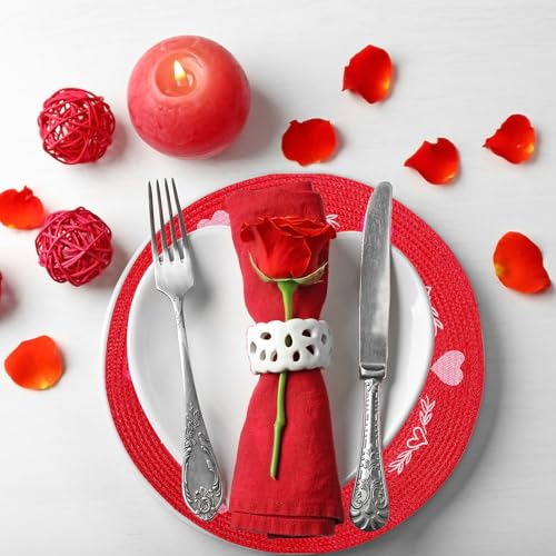4 Pcs Round Valentine's Day Red Pink Placemats Embroidered Place Mats Love Heart Table Mat Decorative Dinner Table Mats for Home Wedding Anniversary Party Decor (4 Count)