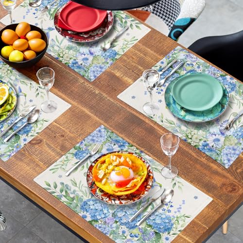 Blue Hydrangea Placemats Set of 4 Spring Summer Floral Green Leaf Bird Table Mat 12x18 Inch Rustic Daisy Flowers Hummingbird Place Mats for Party Kitchen Dining Outdoor Indoor Decor (4 Count)