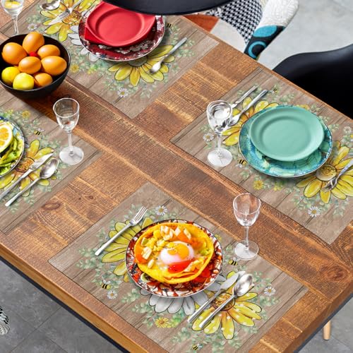 Spring Summer Floral Set of 4 Sunflower Daisy Eucalyptus Leaf Wooden Board Place Mats 12x18 Inch Rustic Vintage Flowers Farmhouse Table Mats for Home Kitchen Dining Decoration (4 Count)