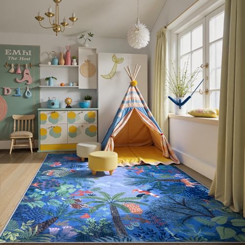 Washable Jungle Animal Print Rugs 9x12 Blue Rugs for Living Room