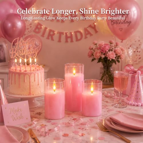 Pink Glass Flameless LED Candles Battery Operated with Remote Timer