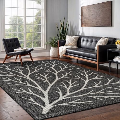 Washable Indoor Outdoor Rug 5x7 Modern Area Rugs Branch Pattern Non Shedding Waterproof Easy Clean Patio Deck Porch Living Room Bedroom Garden RV (35 Sq Ft)