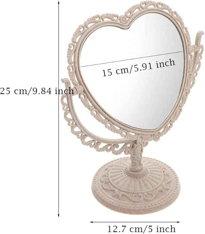 AKOAK Heart-Shaped Cosmetic Mirror - Plastic, Double-Sided, Rotatable, Lightweight - Bathroom & Bedroom Mirror (Beige)