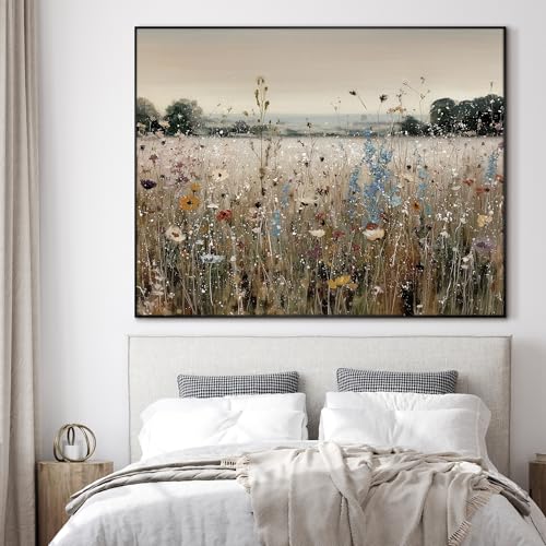 36"x46" Extra Large Framed Wall Art Wildflower Meadow Landscape Soft Pastel Field Illustration for Home Living Room Bedroom Decor