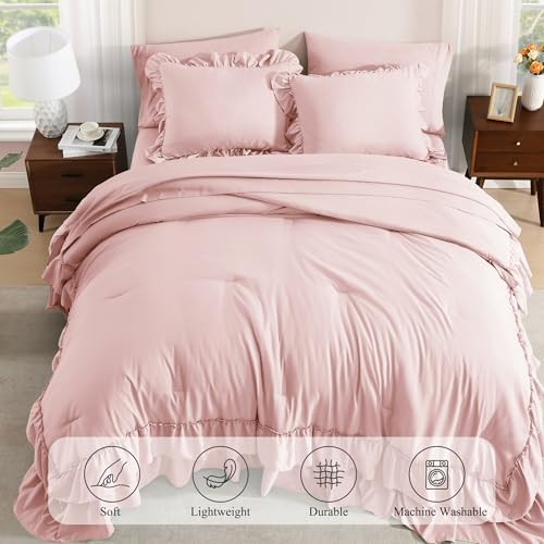 King Size Comforter Set Soft Pink Ruffle 7 Pieces Farmhouse Bed in a Bag