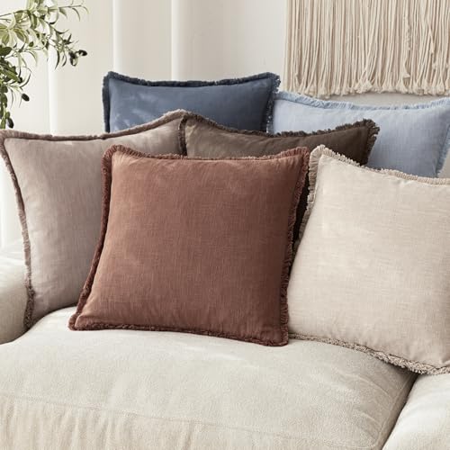 Decorative Linen Fringe Throw Pillow Covers 22×22 Inch (2 Count)