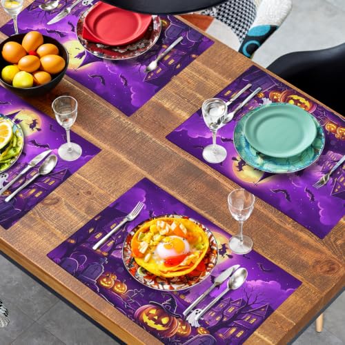 Purple Halloween Placemats Set of 4 Castle Witch Bats Pumpkin Spooky Place Mats Farmhouse Fall Holiday Table Mats for Party Kitchen Dining Outdoor Indoor Decor (4 Count)