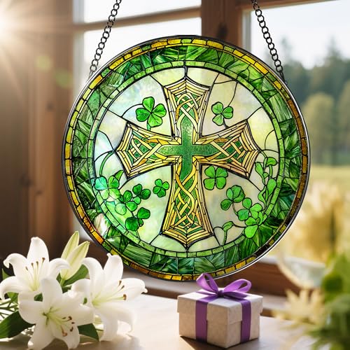 8'' St. Patrick's Day Cross Stained Glass Suncatcher Ornament