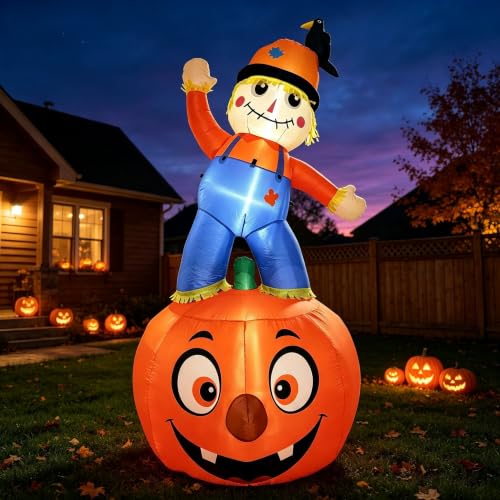 8FT Fall Inflatable Scarecrow Decorations for Outdoor Yard with LED Lights (Orange Blue)
