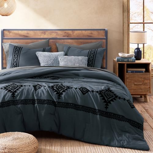 Embroidery Queen Comforter Set 7 Pieces Blue Grey Bed in a Bag