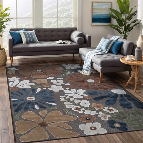 Outdoor Rug 8x10 Modern Floral Tropical Area Rugs for Outdoor and Indoor Patio Easy to Clean Non Shedding Living Room Porch Garden Washable Outside Carpet (80 Sq Ft)