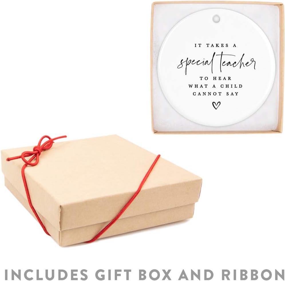 Andaz Press Round Ceramic Porcelain Christmas Tree Ornament For Teacher, It Takes A Special Teacher To What A Child Cannot Say, Heart Graphic 1-Pack Autism Therapist Special Education Teacher Ornament