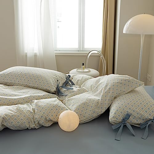 Blue Flower Comforter Set Full Checkered Grid Floral Comforter Set Kids Girls Vintage Country Style Coquette Bedding Comforter Full with 2 Bow Tie Pillowcases Cute Flower Botanical Comforter Set (3 Piece Set)