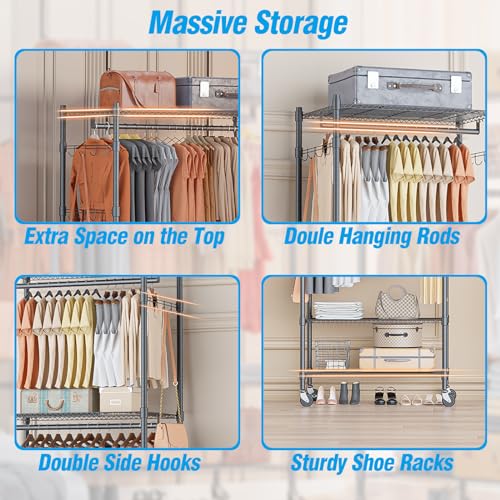Narrow Rolling Garment Rack with Double Rods and 3 Adjustable Shelves