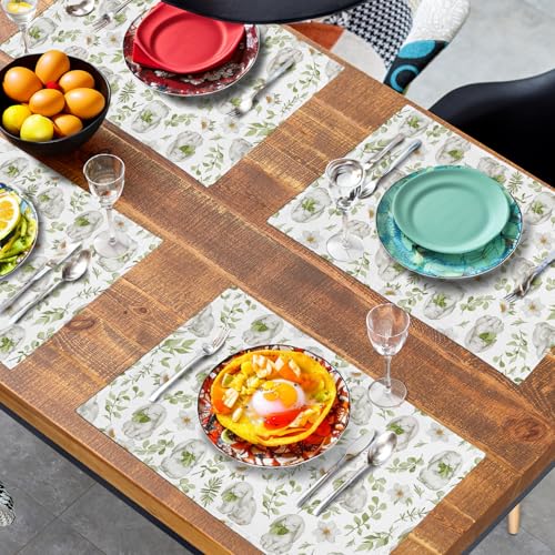 Easter Bunny Rabbits Placemats Set of 4 Easter Spring Green Leaves Flroal Dining Table Placemats 12x18 Inch Heat Resistant Washable Table Mats for Kitchen Dining Holiday Indoor (4 Count)