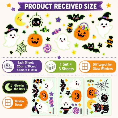 Glow in the Dark Halloween Window Stickers Cute Ghost Pumpkin Black Cat Spider Bat Candy Moon Window Decals for Halloween Party Supplies Home Glass Decorations