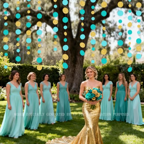 Teal Gold Party Polka Dot Garland Banner Aqua Turquoise Glitter Gold Hanging Paper Circle Dots Streamer for Birthday Wedding Shower Engagement Bridal Shower Retirement Party Decorations Supplies
