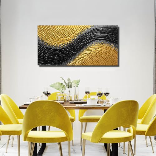 Abstract Painting Wall Art for Living Room Black and Gold Wall Art for Office 3D Textured Canvas Wall Decor for Bedroom Size 20 x 40 Inch