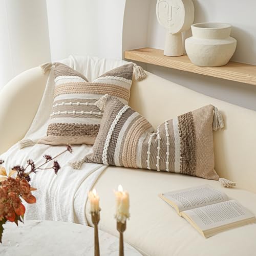 Brown Decorative Throw Pillow Cover 20x20 Square Boho Accent Pillowcase Tassels Farmhouse Cushion for Couch Sofa Bedroom Livingroom Home Décor Cover ONLY