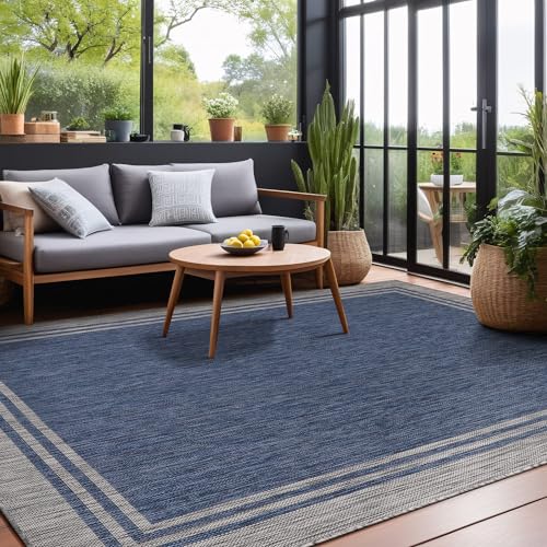 Bordered Outdoor Rug 6x9 Washable Outside Carpet for Indoor Patio Porch Waterproof Easy Cleaning Non Shedding Area Rugs Navy 6 x 9