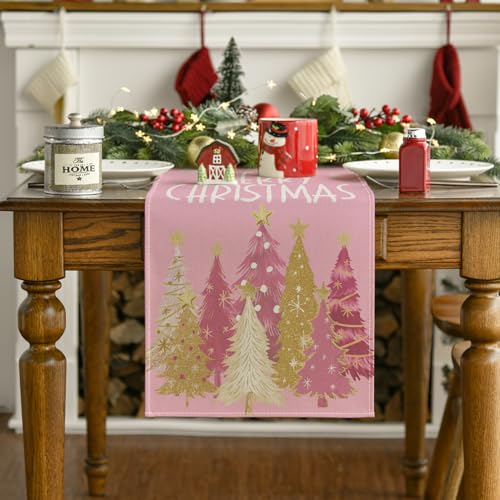 Pink Xmas Trees Table Runner Home Party Decor 13x36 Inch