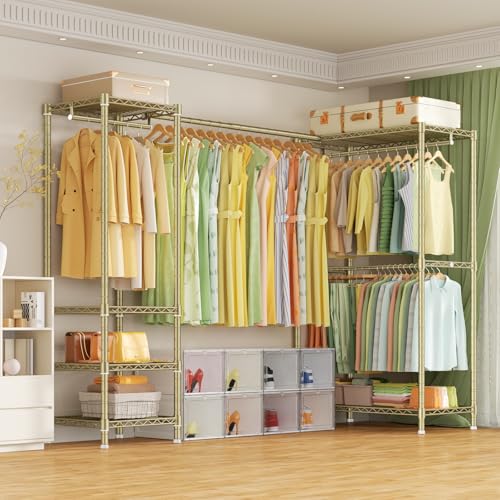 E10L L Shaped Clothes Rack for Corner(With Expandable Hanger Rod)Heavy Duty Freestanding Clothing Racks for Hanging Clothes