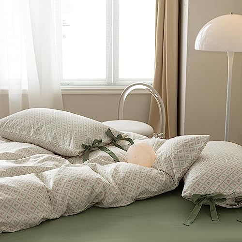 Full Comforter Set Pink Flower Comforter with 2 Bowknot Pillowcases Chic Plaid Grid Prints Floral Bedding Comforter Boho Farmhouse Bedding Set French Country Style Botanical Comforter Set (3 Count)
