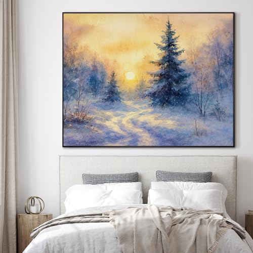 36"x46" Extra Large Framed Wall Art Winter Sunrise in Snowy Pine Forest Watercolor Style for Home Living Room Bedroom Decor
