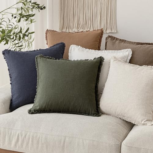 Decorative Linen Fringe Throw Pillow Covers 24×24 Dark Green (2 Count)