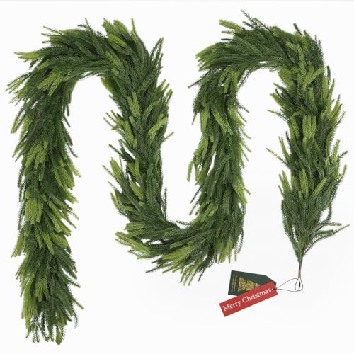 6FT Christmas Norfolk Pine Garland Real Touch Pine Artificial Faux Greenery Garlands Winter Christmas Garland for Table Mantle Fireplace Holiday Indoor Outdoor Xmas Decorations (6 Count)