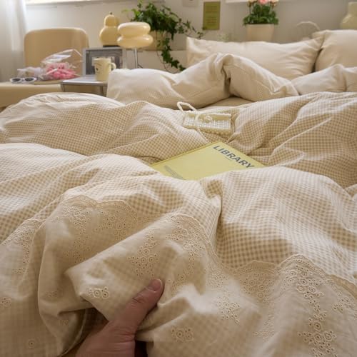 Tan Gingham Comforter Set Queen Princess Lace Style Beige Taupe Plaid Comforter Set Soft Fluffy Grid Farmhouse Gingham Bedding Set Vintage Plaid Checkered Comforter with 2 Pillowcases