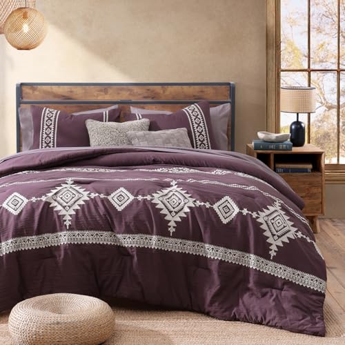 Embroidery Queen Comforter Set 7 Pieces Purple Western Bed in a Bag