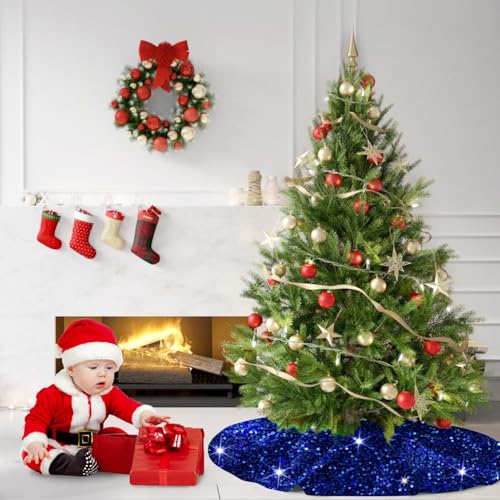 Blue Sequence Christmas Tree Skirt 21 Inches Mini Christmas Tree Mat for Home Decor Miniature Unique Xmas Tree Carpet Skirts Ornament for Christmas Day Family Reunion Holiday Party Banquet
