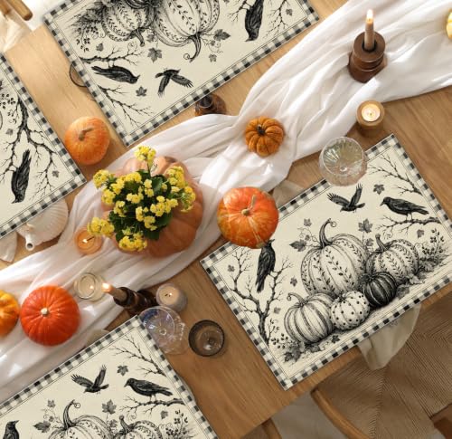 Halloween Placemats Set of 4 Crow Pumpkin Linen Table Mats Gingham 18x12 (4 Count)