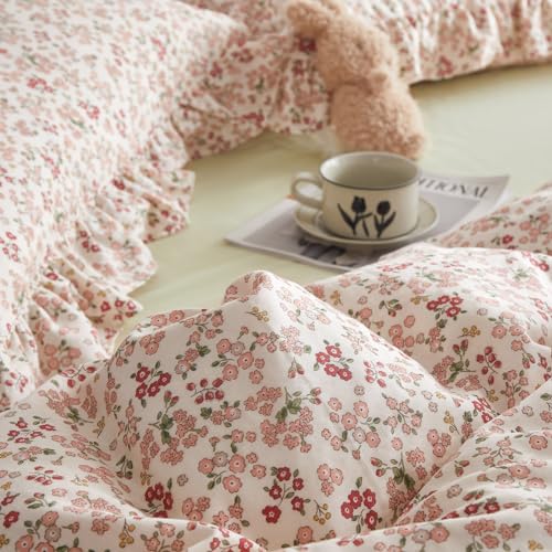 Pink Red Flower Comforter Set King Vintage Garden Style Blooming Floral Comforter with 2 Ruffle Pillowcases Aesthetic Floral Bedding Set Soft Fluffy Cottagecore Comforter Set for Girls Women