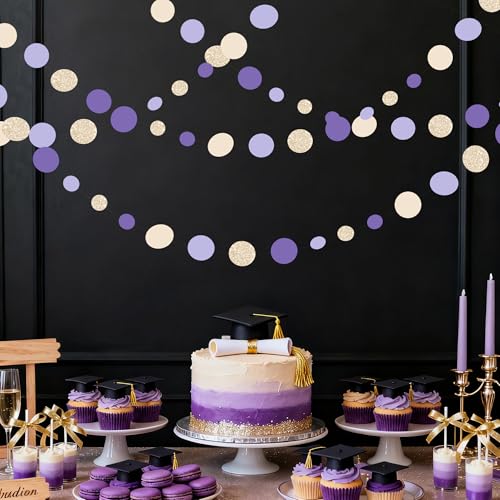 Champagne Gold Purple Cream Nude Polka Dots Garland Lavender Hanging Paper Circle Dot Streamer for Birthday Wedding Shower Engagement Bridal Shower Lilac Violet Theme Party Decorations Supplies