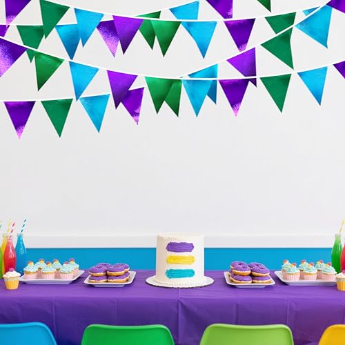 Blue Green Purple Party Decorations Metallic Fabric Triangle Pennant Banner Flag Bunting for Men Boys Video Game Theme Birthday Graduations Retirement Wedding Bachelor Baby Shower Party Supplies (36 Count)
