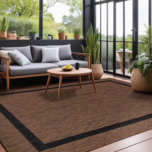 Bordered Outdoor Rug 9x12 Washable Outside Carpet for Indoor Patio Porch Waterproof Easy Cleaning Non Shedding Area Rugs Nut Brown