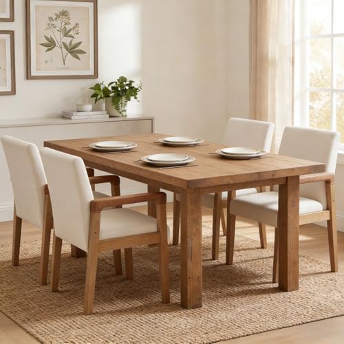 Modern Dining Chairs Set of 2 Linen Fabric Kitchen Arm Chairs Upholstered Accent Chairs with Wooden Legs for Dining Room (2 Count)