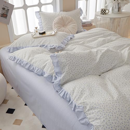 Twin XL Comforter Set Blue Floral Bedding Comforter Fluffy Soft Microfiber Cottagecore Bedding Set Floral Ruffle Comforter with 2 Pillowcases Cute Flower Botanical Comforter Set for Teen Girls (3 Piece Set)