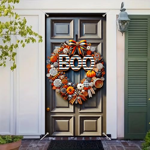 Halloween Door Cover Spiders Swirl Ribbon 35x71 Inch Polyester
