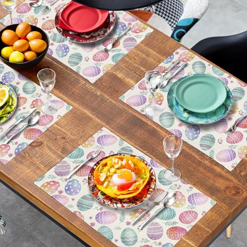 Easter Placemats Set of 4 Watercolor Colorful Eggs Floral Table Mats 12x18 Inch Spring Washable Heat Resistant Linen Fabric Place Mat for Indoor Outdoor Kitchen Dining Home (4 Count)