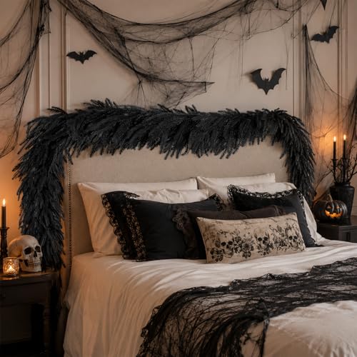 5.9FT Black Artificial Norfolk Pine Garland Real Touch Halloween Garlands Faux Garland for Table Mantle Holiday Fireplace Indoor Outdoor Halloween Christmas Decorations (5.9 Foot)
