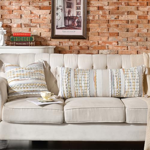 Chenille Striped Textured Boho Throw Pillow Covers Aesthetic with Tassels Woven Decorative Pillow Case for Couch Bed Sofa Bedroom Modern Funky 14 x 36
