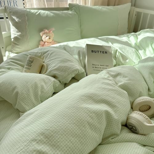 Green Gingham Comforter Set Full Size Princess Lace Style Vintage Plaid Checkered Comforter Chic Gingham Farmhouse Bedding Set Lightweight Fluffy Soft Green Plaid Grid Comforter Set Full