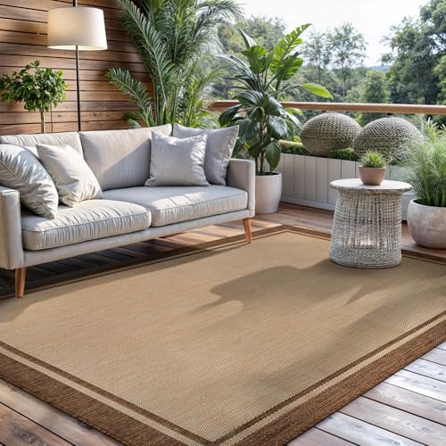 Outdoor Rug 9x12 Bordered Natural Brown Modern Area Rugs for Indoor and Outdoor Patios