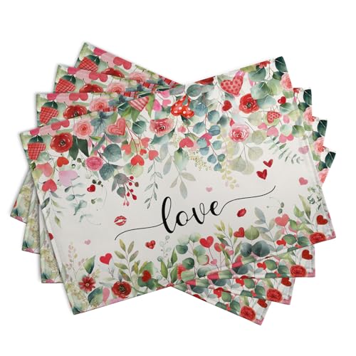 Valentines Day Love Heart Rose Placemats Set of 4 Valentine Eucalyptus Leaves Linen Table Mats Heat 12x18 Inch Spring Resistant Washable Table Mats for Kitchen Dining Decoration (4 Count)