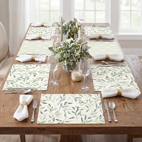 Green Floral Leaves Placemats Set of 6 Boho Green Tropical Leaf Plastic Table Mats Floral Place Mats Washable Mid Century Holiday Table Decoration for Indoor Outdoor Party Kitchen Dining (6 Count)