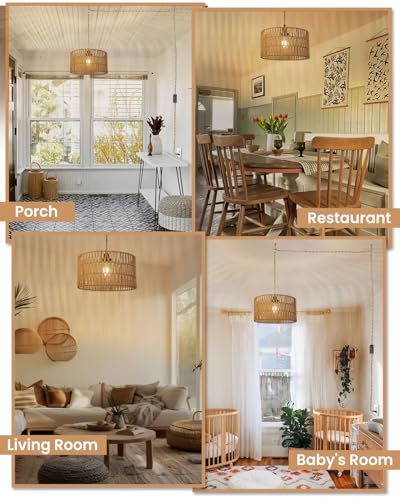 12.6 Inch Boho Hanging Light with Plug in Cord Rattan Hanging Lamp Hand Woven Rattan Wall Lightfor Bedroom